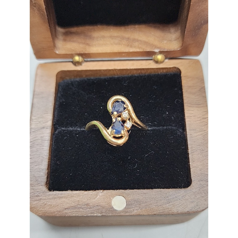 10K Yellow Gold, Sapphire & Diamond Ring, Size 6.5, Lab Created